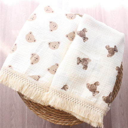 Double Layer Cotton Baby Swaddle Blanket, Cotton Crepe Tassel Blanket, Toddler Bear Printed Blanket, Newborn Baby Stroller Swaddle Blanket