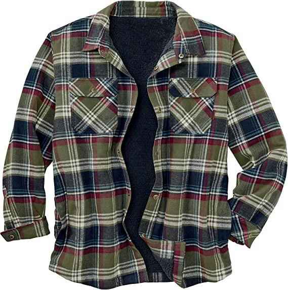 Men's Sherpa Lined Cotton Flannel Shirt Jacket Plaid Button Up Jacket Coat for Men with Pocket