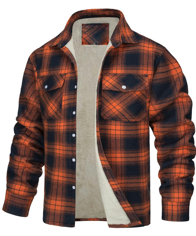 Men's Cotton Plaid Long Sleeve Jacket Fleece Lined Flannel Sherpa Button Down Coat
