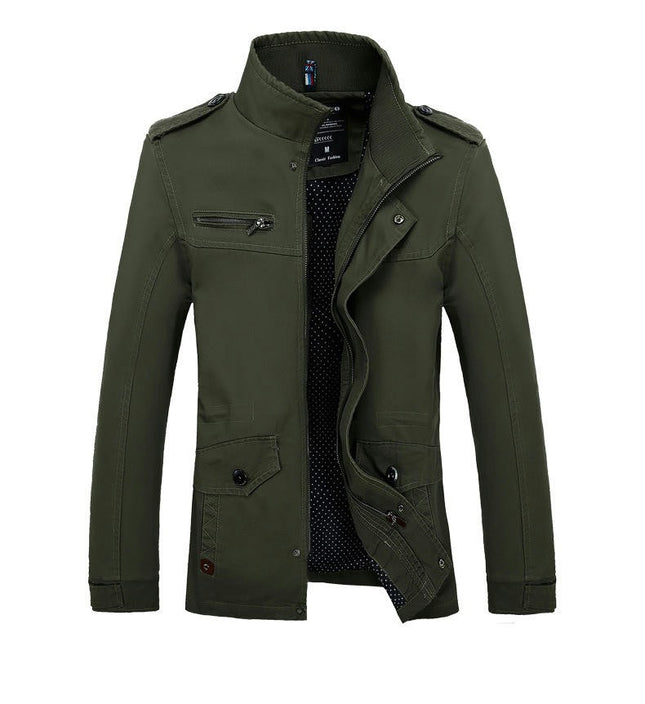 Men's Long Sleeve Jacket Slim Cotton Jacket Stand Collar Full Zipper Pocket Jacket