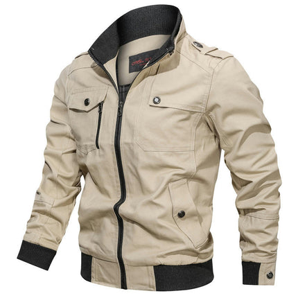 Men's Long Sleeve Jacket Fashion Stand Collar Full Zipper Pocket Jacket Slim Cotton Jacket