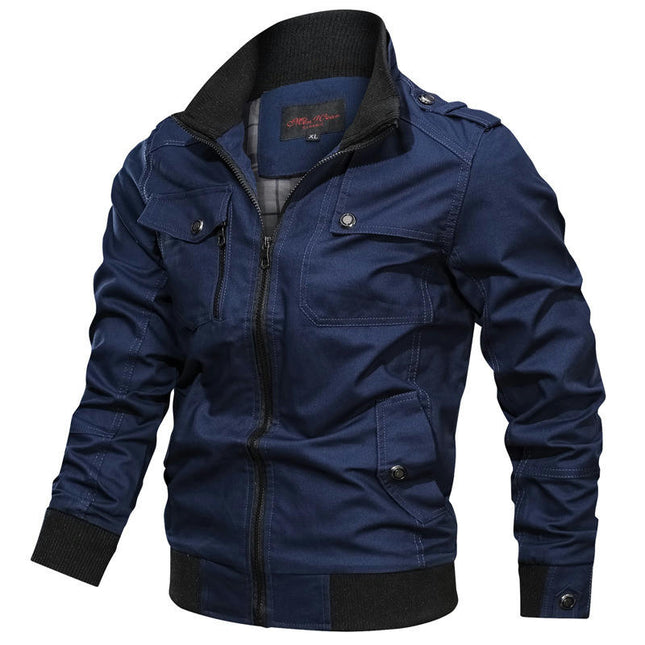 Men's Long Sleeve Jacket Fashion Stand Collar Full Zipper Pocket Jacket Slim Cotton Jacket