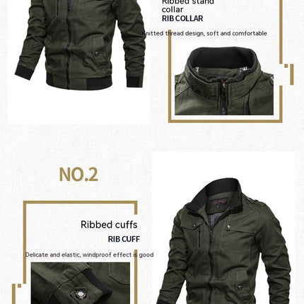 Men's Long Sleeve Jacket Fashion Stand Collar Full Zipper Pocket Jacket Slim Cotton Jacket