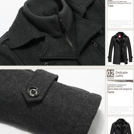 Men's Layered Collar Single Breasted Lined Wool Blend Pea Coats