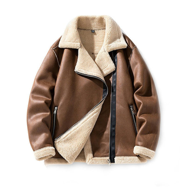 Men's Faux Leather Sherpa Lined Jacket Turn-Down Collar Warm Winter Casual Coats