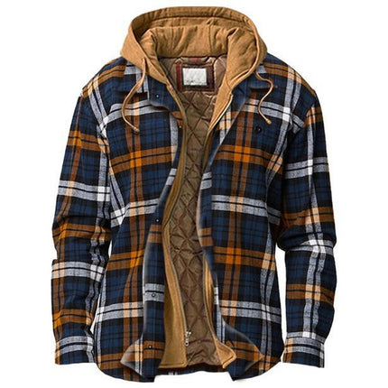 Men's Thicken Plaid Flannel Quilted Shirts Jacket with Hood