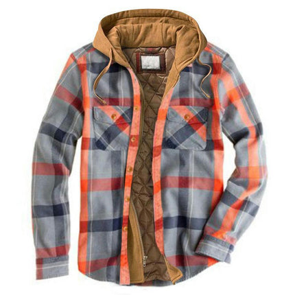 Men's Thicken Plaid Flannel Quilted Shirts Jacket with Hood