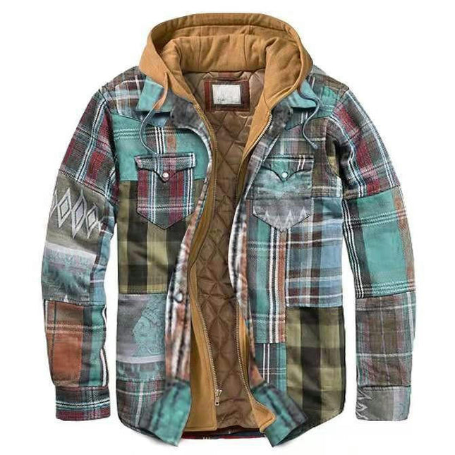 Men's Thicken Plaid Flannel Quilted Shirts Jacket with Hood