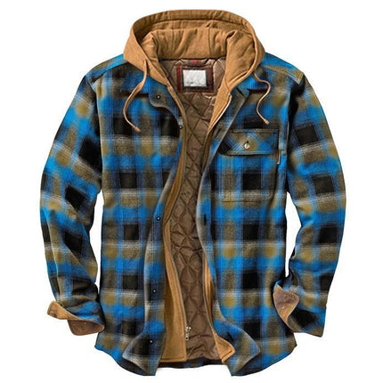 Men's Thicken Plaid Flannel Quilted Shirts Jacket with Hood