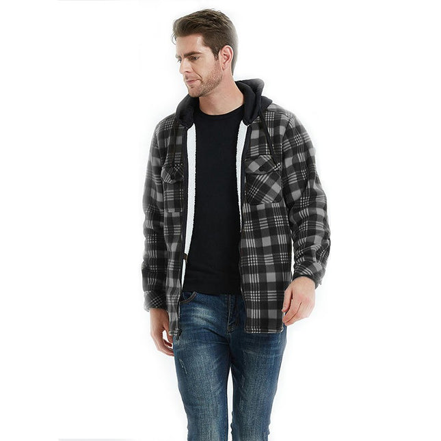 Men's Hooded Thick Plaid Flannel Jacket Plush Lined Long Sleeve Winter Coat with Pockets