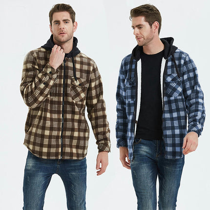 Men's Hooded Thick Plaid Flannel Jacket Plush Lined Long Sleeve Winter Coat with Pockets