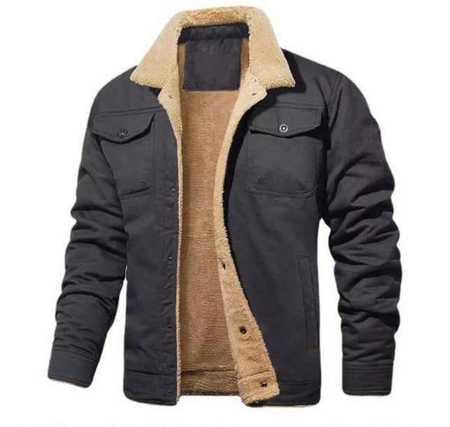 Men's Sherpa Lined Trucker Jacket Lapel Cotton Jacket Casual Button Jacket Warm Winter
