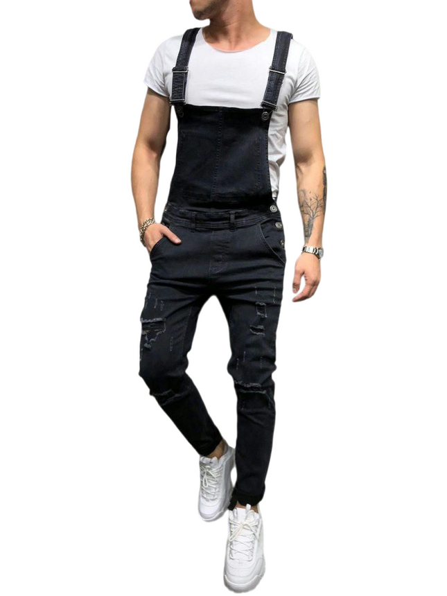 Men's Denim Bib Overalls Fashion Slim Fit Jumpsuit with Pockets