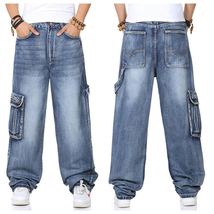 Men's Casual Loose Hip Hop Denim Work Pants Jeans with Cargo Pockets Model B