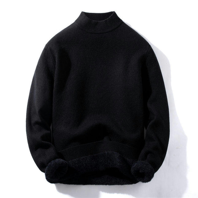 Men's Sweater Lined Fleece Half Turtleneck Autumn and Winter Bottom Knit Sweater