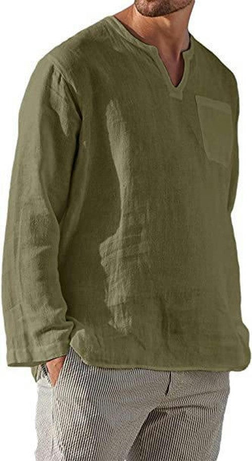 Men's Long-Sleeve Solid Linen Cotton Popover Shirt