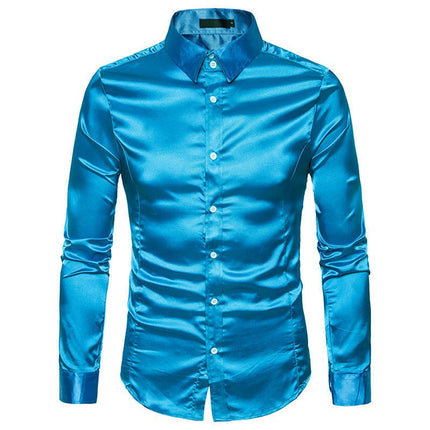 Men's Shiny Silk Like Satin Dress Shirt Long Sleeve Casual Slim Fit Button Up Shirts