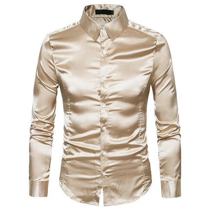 Men's Shiny Silk Like Satin Dress Shirt Long Sleeve Casual Slim Fit Button Up Shirts