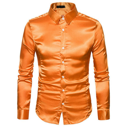 Men's Shiny Silk Like Satin Dress Shirt Long Sleeve Casual Slim Fit Button Up Shirts