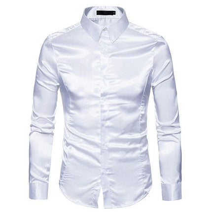 Men's Shiny Silk Like Satin Dress Shirt Long Sleeve Casual Slim Fit Button Up Shirts