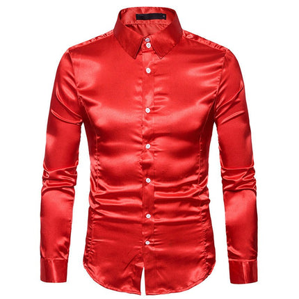Men's Shiny Silk Like Satin Dress Shirt Long Sleeve Casual Slim Fit Button Up Shirts