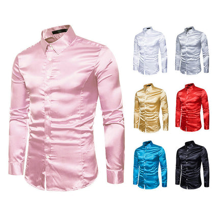 Men's Shiny Silk Like Satin Dress Shirt Long Sleeve Casual Slim Fit Button Up Shirts