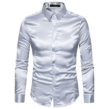 Men's Shiny Silk Like Satin Dress Shirt Long Sleeve Casual Slim Fit Button Up Shirts
