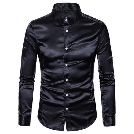 Men's Shiny Silk Like Satin Dress Shirt Long Sleeve Casual Slim Fit Button Up Shirts