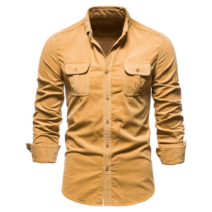 Men's Corduroy Button Down Shirts Casual Long Sleeve Shacket Jacket with Flap Pockets