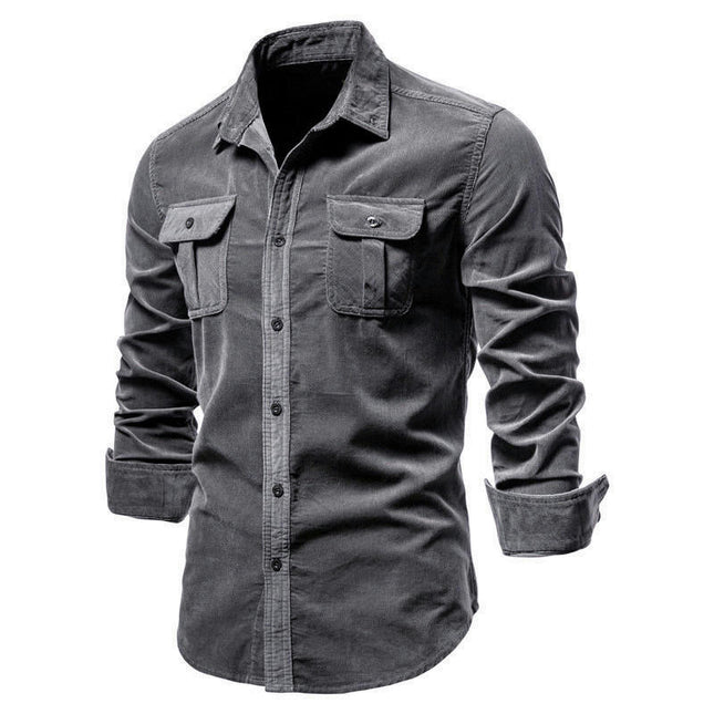 Men's Corduroy Button Down Shirts Casual Long Sleeve Shacket Jacket with Flap Pockets
