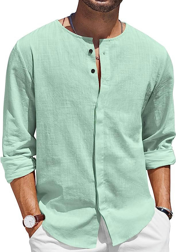 Men's Casual Linen Cotton Shirt Long Sleeve Button Up Beach Shirt