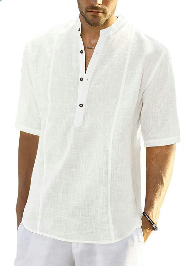 Men's Casual Cotton Linen Henley Shirt Short Sleeve Summer Shirt