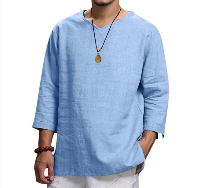 Men's Long Sleeve V Neck Linen Cotton Casual Shirt Solid Color Lightweight Tops
