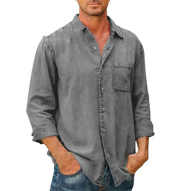 Washed Fabric Simple Pocket Long Sleeve Shirt Men's Spring Summer Casual Shirt