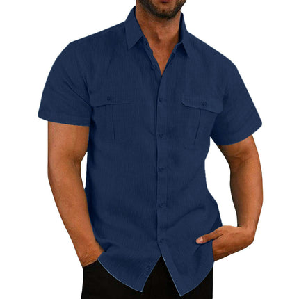 Men's Linen Shirts Casual Short Sleeve Button Down Shirts Summer Beach Top with Pocket