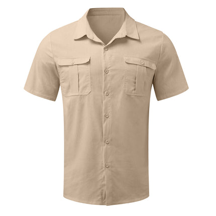 Men's Linen Shirts Casual Short Sleeve Button Down Shirts Summer Beach Top with Pocket