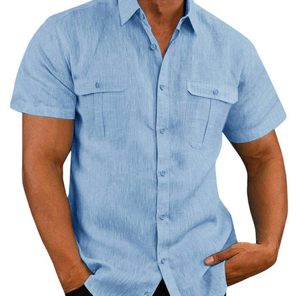Men's Linen Shirts Casual Short Sleeve Button Down Shirts Summer Beach Top with Pocket