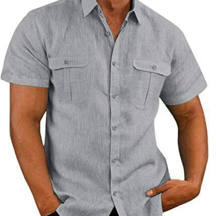 Men's Linen Shirts Casual Short Sleeve Button Down Shirts Summer Beach Top with Pocket