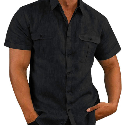 Men's Linen Shirts Casual Short Sleeve Button Down Shirts Summer Beach Top with Pocket