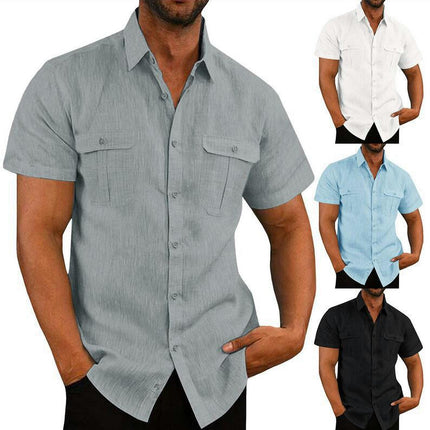 Men's Linen Shirts Casual Short Sleeve Button Down Shirts Summer Beach Top with Pocket