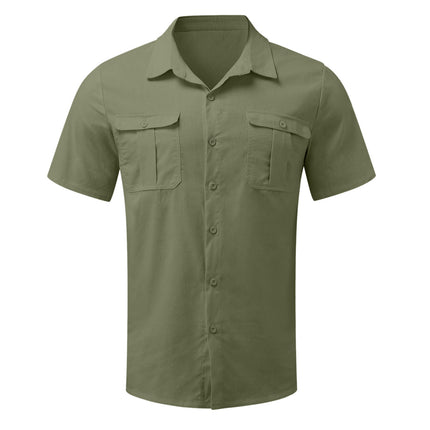 Men's Linen Shirts Casual Short Sleeve Button Down Shirts Summer Beach Top with Pocket