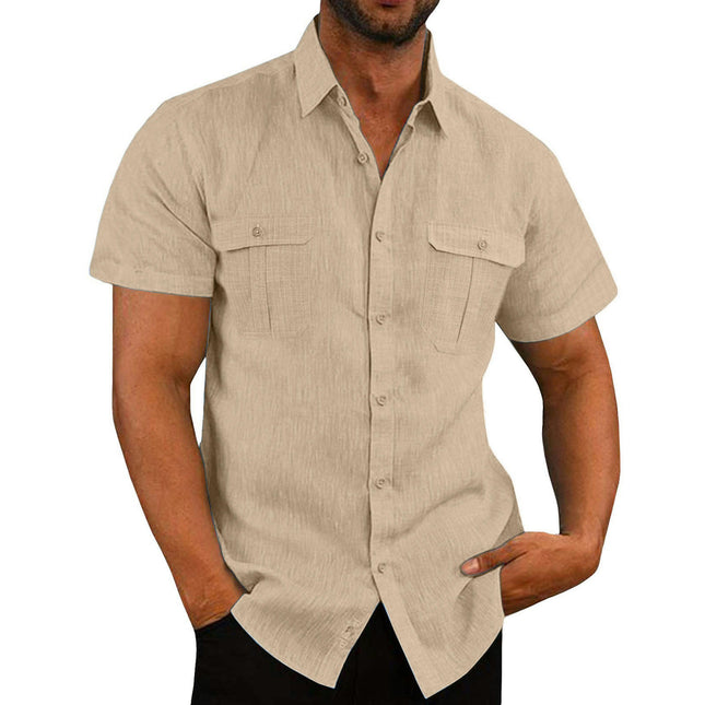 Men's Linen Shirts Casual Short Sleeve Button Down Shirts Summer Beach Top with Pocket