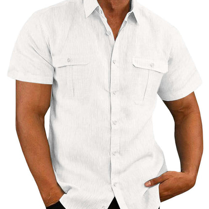 Men's Linen Shirts Casual Short Sleeve Button Down Shirts Summer Beach Top with Pocket