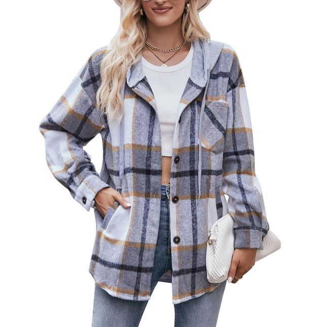 Women's Plaid Jacket Casual Long Sleeve Button Down Shirts Hooded Hoodie Coats