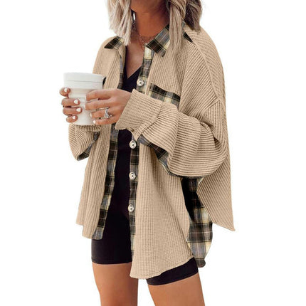 Womens Waffle Knit Plaid Shacket Boyfriend Button Down Shirt Jacket Loose Long Sleeve Tops