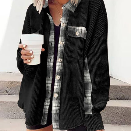 Womens Waffle Knit Plaid Shacket Boyfriend Button Down Shirt Jacket Loose Long Sleeve Tops