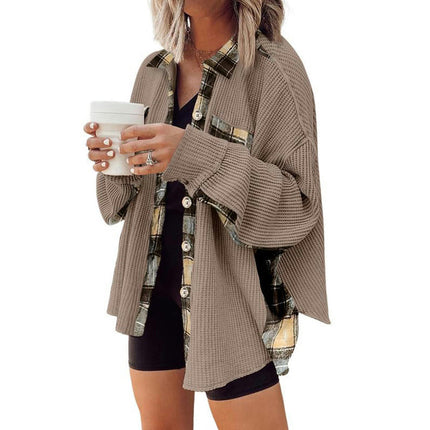 Womens Waffle Knit Plaid Shacket Boyfriend Button Down Shirt Jacket Loose Long Sleeve Tops
