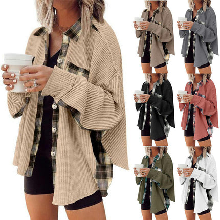 Womens Waffle Knit Plaid Shacket Boyfriend Button Down Shirt Jacket Loose Long Sleeve Tops