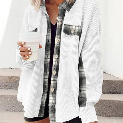 Womens Waffle Knit Plaid Shacket Boyfriend Button Down Shirt Jacket Loose Long Sleeve Tops