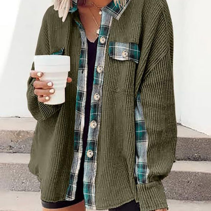 Womens Waffle Knit Plaid Shacket Boyfriend Button Down Shirt Jacket Loose Long Sleeve Tops